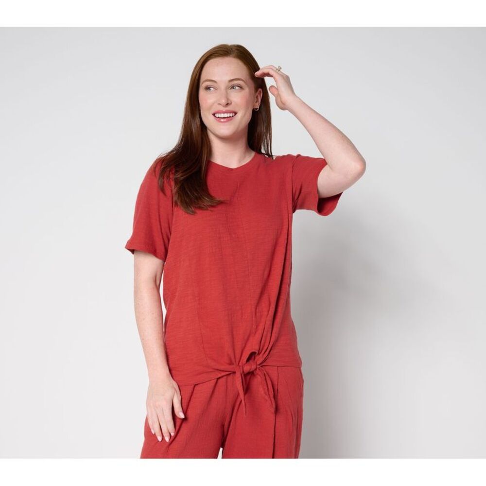 Anybody Women's Top Plus Sz 2X Crinkle Knit Jersey Tie Front Tee Red A697152